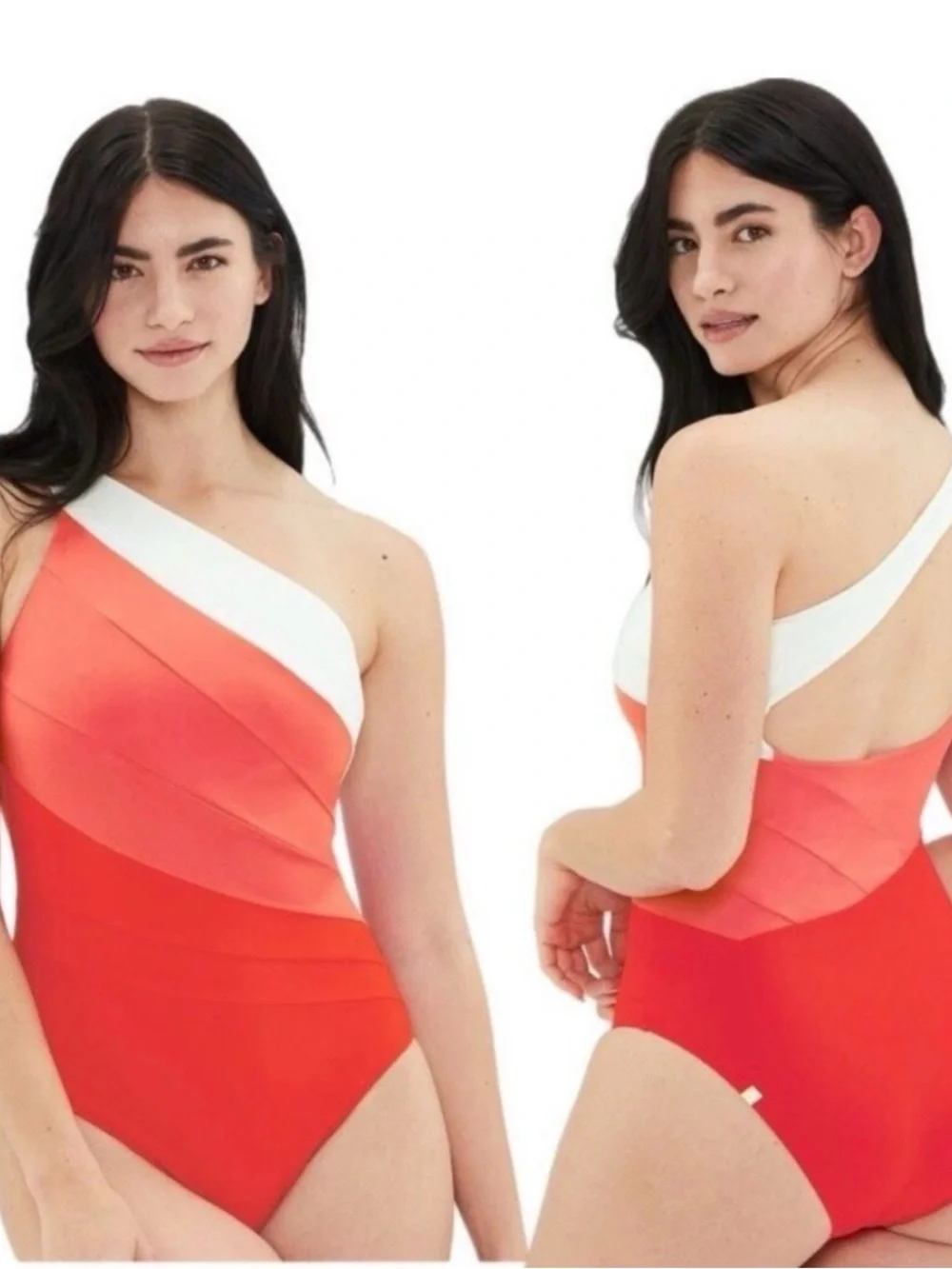 summersalt One-Shoulder Colorblock One-Piece in White, Coral & Red